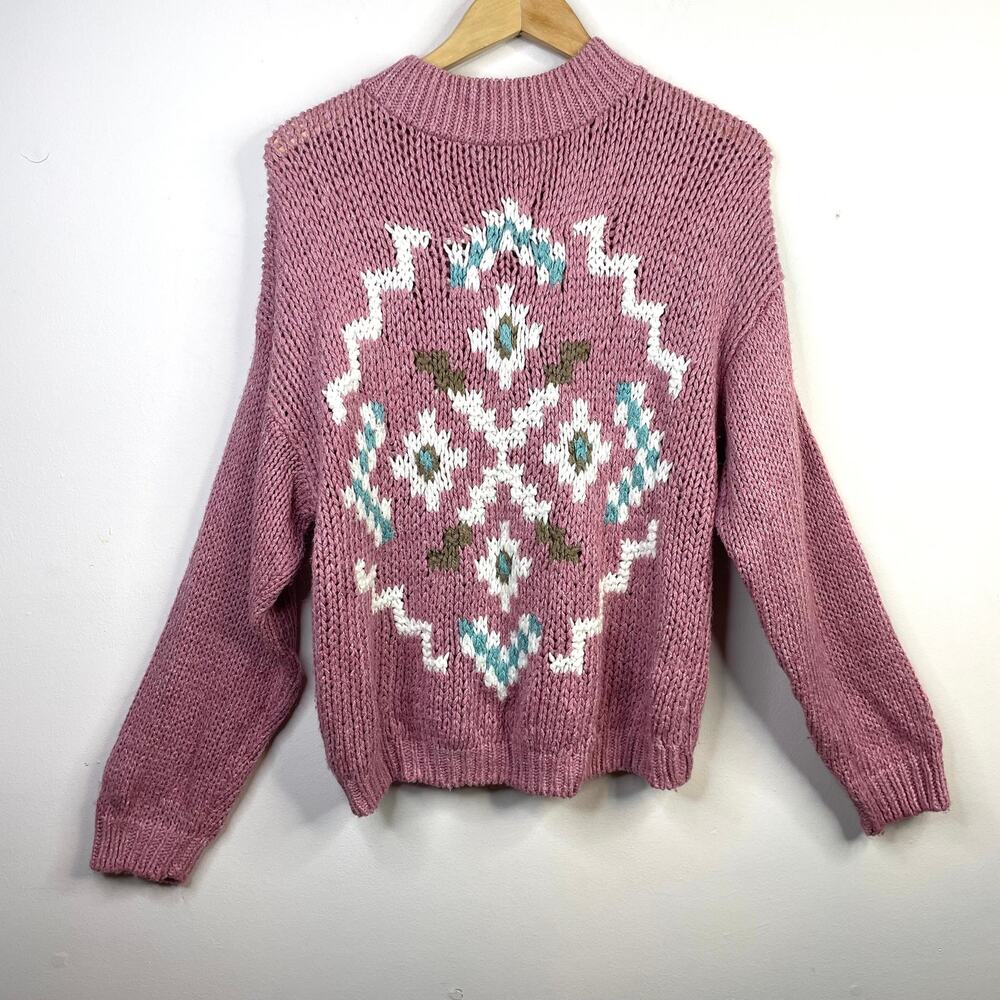 Vintage 80s Chunky Knit Pink Southwestern Slouchy Mock neck sweater womens L